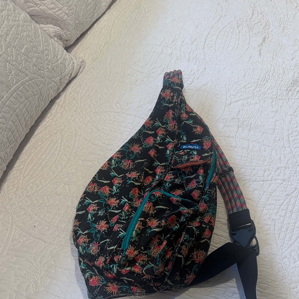 Kavu Black Sling Bag with Floral and Teal Details